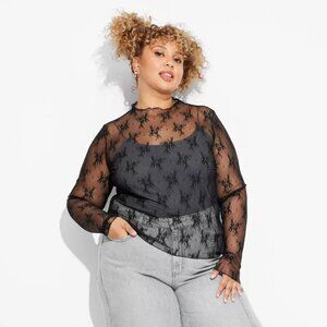 Wild Fable Women's Long Sleeve Lace Shirt - Black, XXL